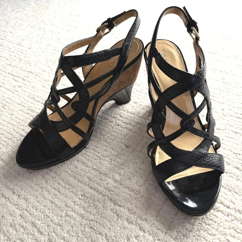 Tahari Petunia Black Snake Embossed Leather Cork Wedge Sandals Women 8.5 Strappy